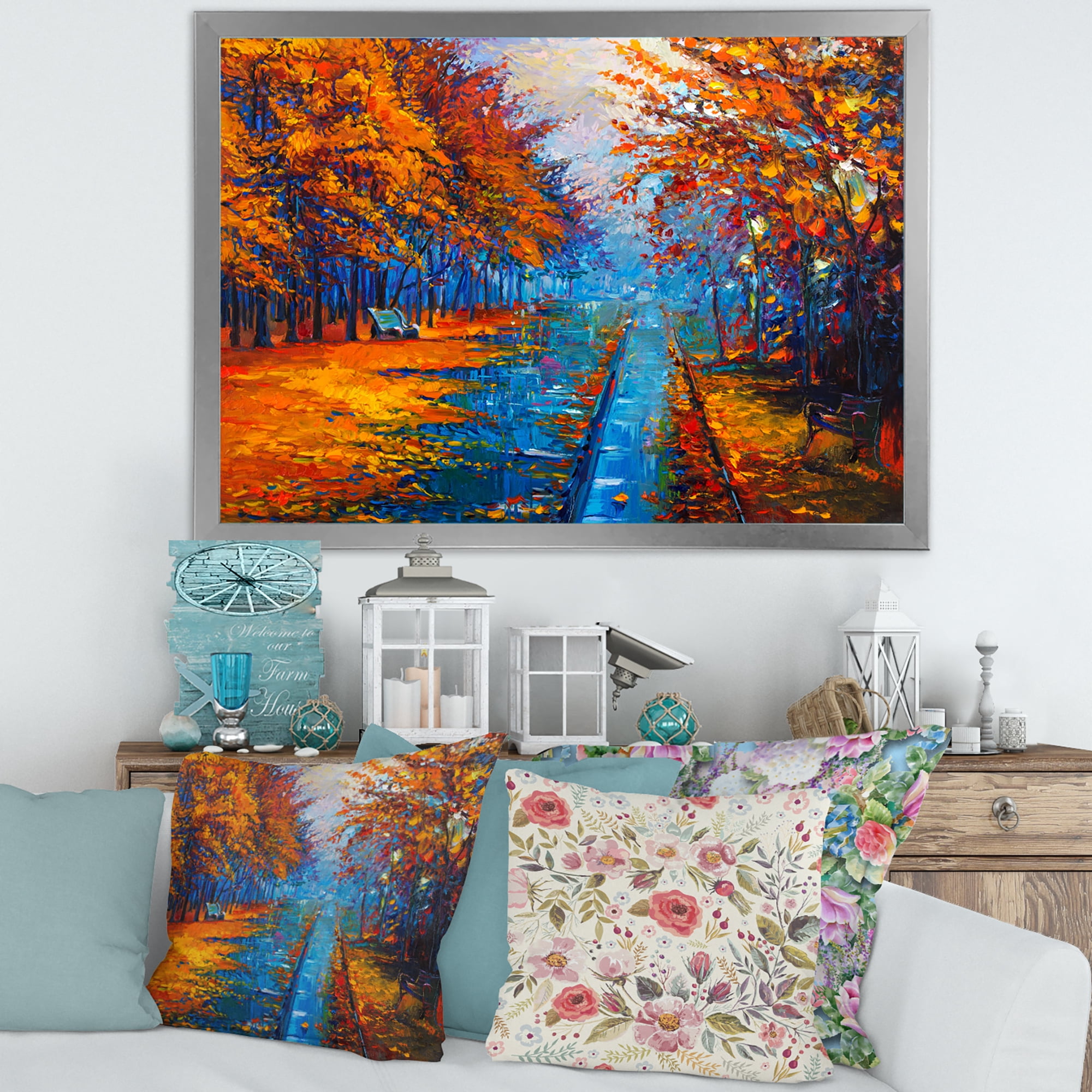 Designart 'Orange Autumn Landscape With Little Road II' Traditional Framed Art Print
