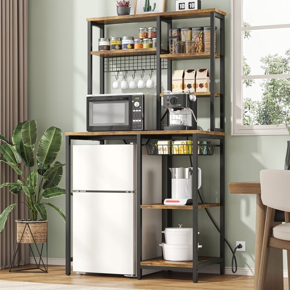 ModFurne Mini Fridge Stand with Storage, Microwave Storage Shelf with Power Outlet, Bakers Rack Stand for Dorm Kitchen Coffee Bar, Vintage Brown