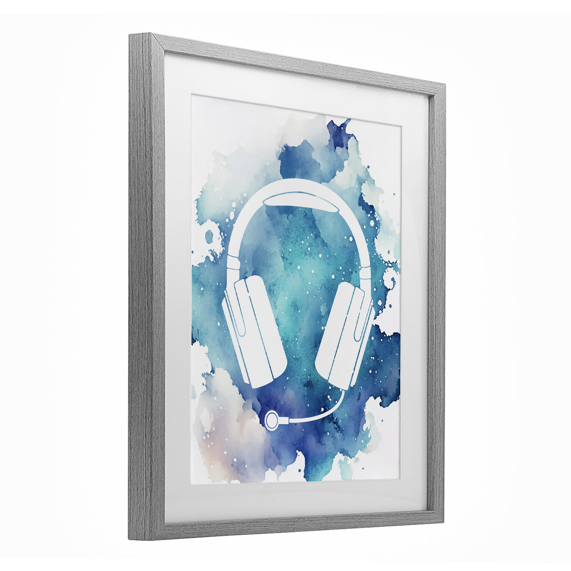 Blue Headphone Splatter Gray Framed Print Under Glass, design by Marcus Prime