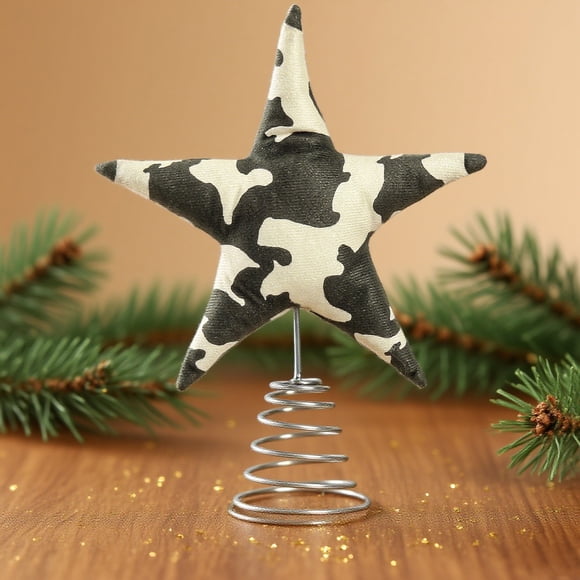 Cow Pattern Pentagram Christmas Tree Topper Ornament with Metal Coil Spring Holiday Decoration