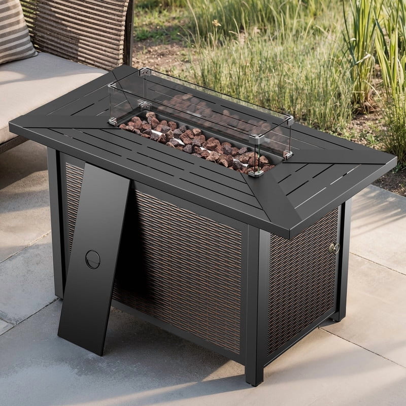 Giantfurnni 43" Propane Fire Pit Table with Lid, Outdoor Metal 50,000 BTUs Rectangle Gas Fire Pit Table with Glass Wind Guard and Lava Rocks for Balcony Porch Deck