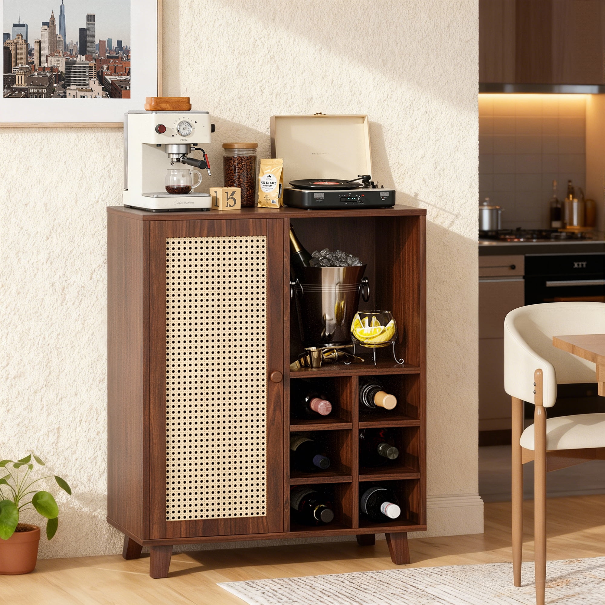 MAYEERTY Rattan Sideboard Cabinet with Wine Racks, Versatile Storage for Kitchen & Entryway, Walnut