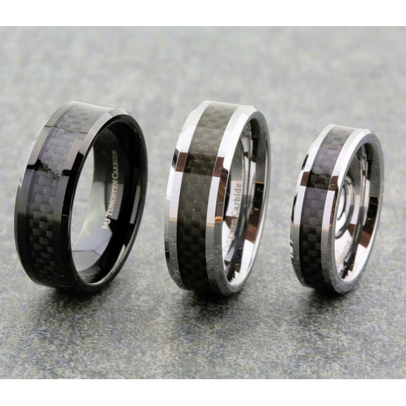 Metals Jewelry 8mm Mirror Polished Tungsten Carbide Wedding Band Black Carbon Fiber Inlay Ring Size 10