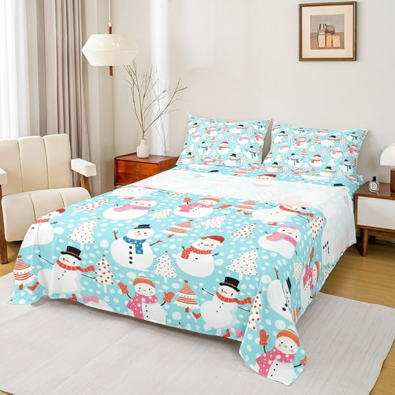jejeloiu Cartoon Christmas Snowmen Twin Sheet Sets,Circle Dot Pine Twin Fitted Sheet,Merry Xmas Theme Flat Sheet For Children,Breathable Home Decor,3pcs