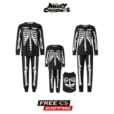 

Matching Family Halloween Pajamas Set Halloween Skeleton Print Round Neck Long Sleeve Tops and Long Pants Outfits for Couples Kids Baby Pets
