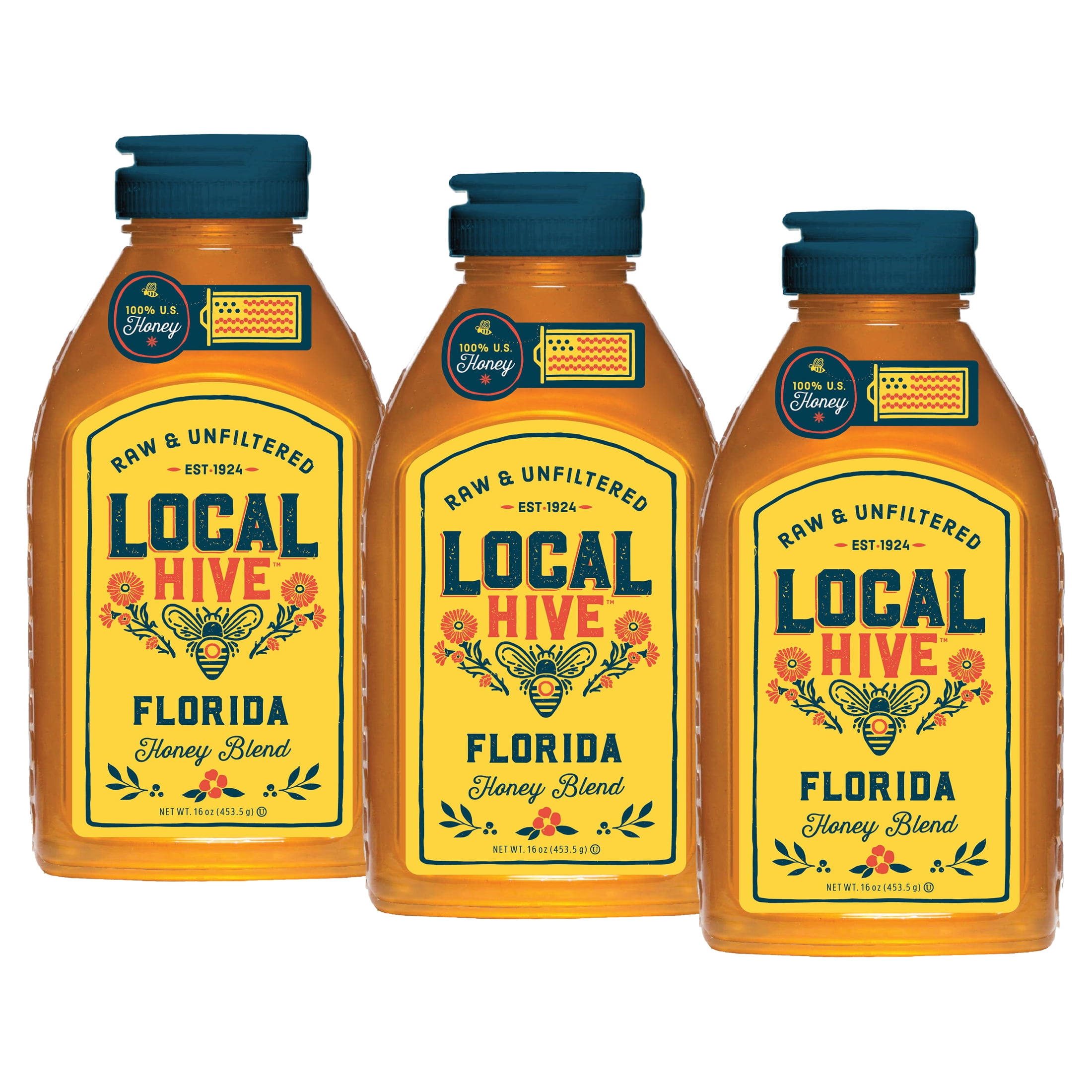 (3 pack) Local Hive, Raw & Unfiltered, 100% U.S. Florida Honey Blend, 16 oz Bottle