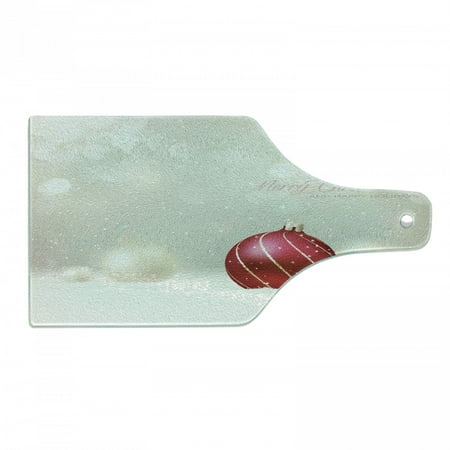 

Christmas Cutting Board Snow Effect Background Bauble with Curved Lines Xmas Trinket Happy Holidays Tempered Glass Cutting and Serving Board Wine Bottle Shape Ruby Eggshell by Ambesonne