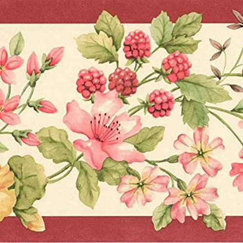 Concord Wallcoverings Aesthetic Red Berries Wallpaper Border Featuring Flowers and Berries, Colors Red Yellow Green, Size 5.25 Inches by 15 Feet KT77904
