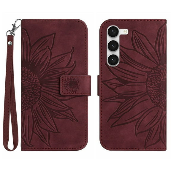 Cowithday Flip Wallet Cover Case for Samsung Galaxy S23 5G Phone, S23 TPU Case, Premium PU Leather Embossed Sunflower Shockproof Kickstand Slim Magnetic Case for Samsung S23 5G 6.1 inch, Winered