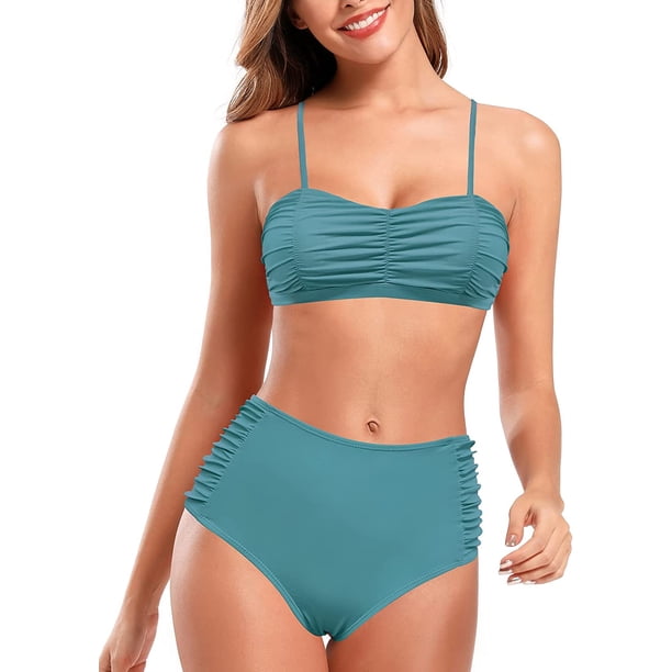 Mujeres Push up Shirred Traje de baño de Dos Piezas Traje de baño de Bikini de Cintura Alta Verde oscuro XL Verde oscuro XL Xishao ropa