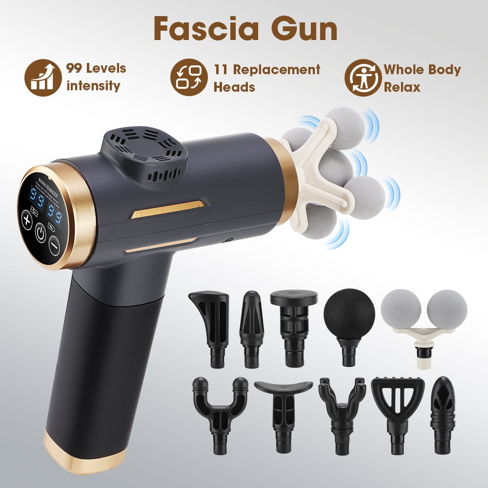 Massage Gun with 99 Speed Levels, Handheld Deep Tissue Percussion Massager with Digital Display, Auto Shut-off, 1500mAh Muscle Massager Gun with 11 Massage Heads, Gray