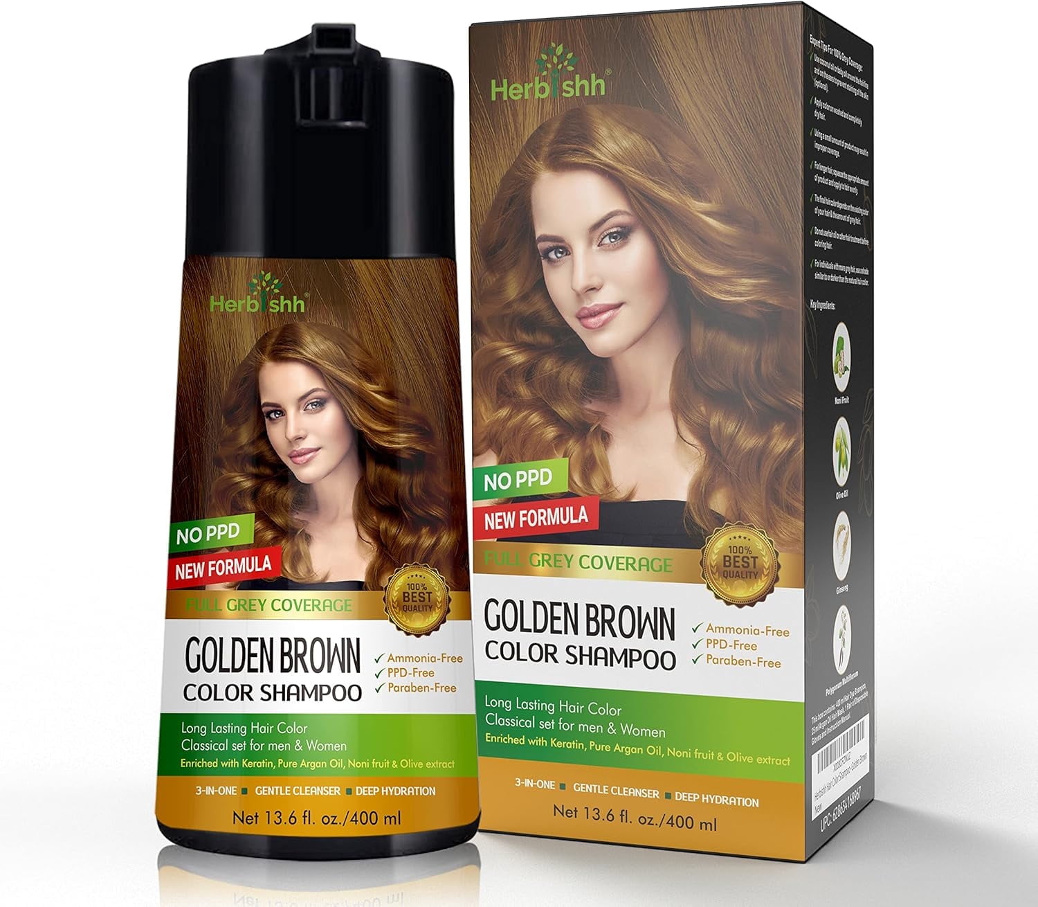 (4 pack) Herbishh Golden Brown PPD-Free Hair Color Shampoo for Gray Hair, Hair Dye Shampoo 3 in 1, 100% Gray Coverage, Permanent Hair Color for Men & Women, Ammonia-free, 400 ml