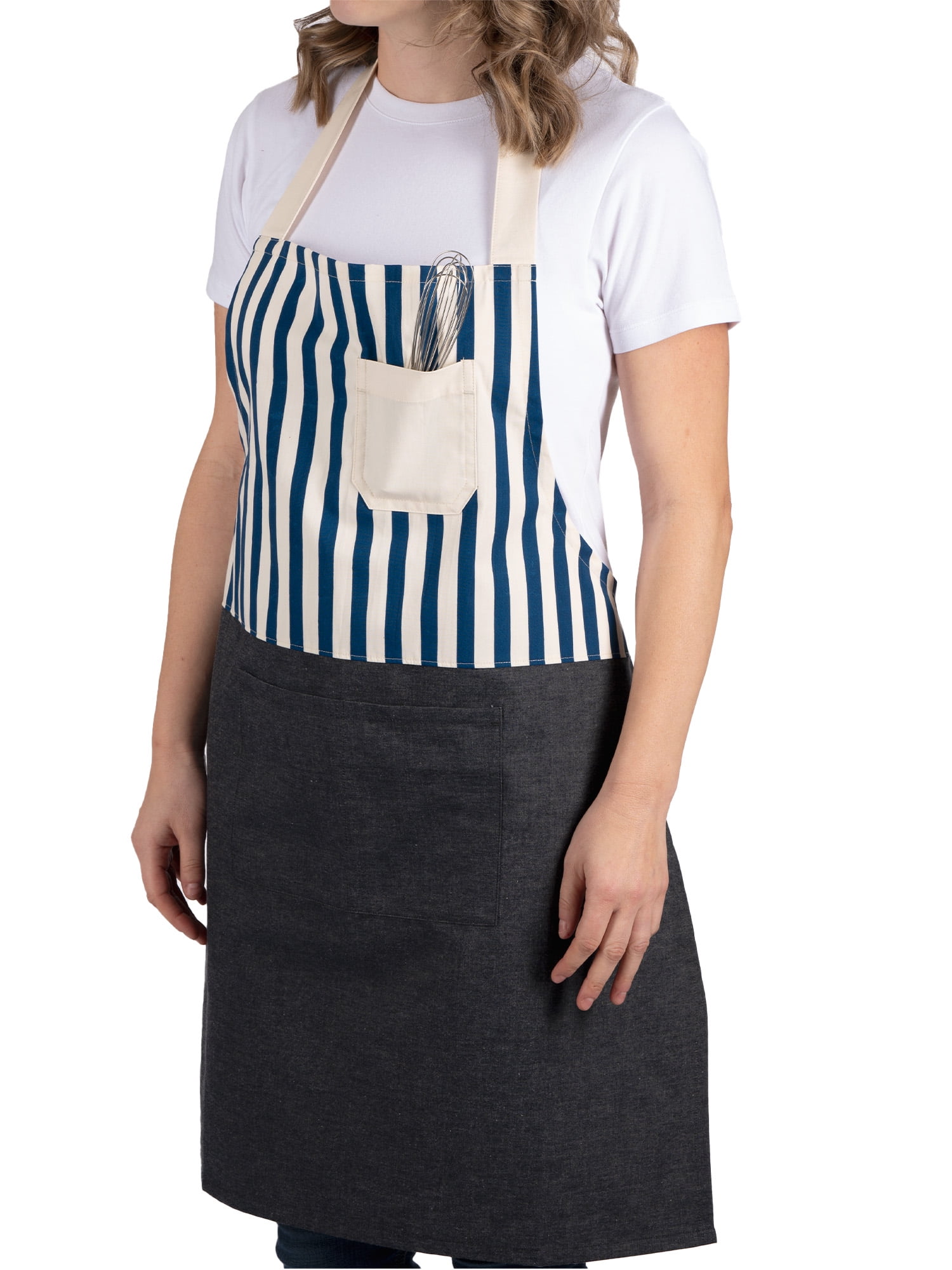 Mainstays Chef Kitchen Apron, 28" x 32" Stripe Cotton Bib Apron with Pockets for Cooking, Baking, Gardening in Navy