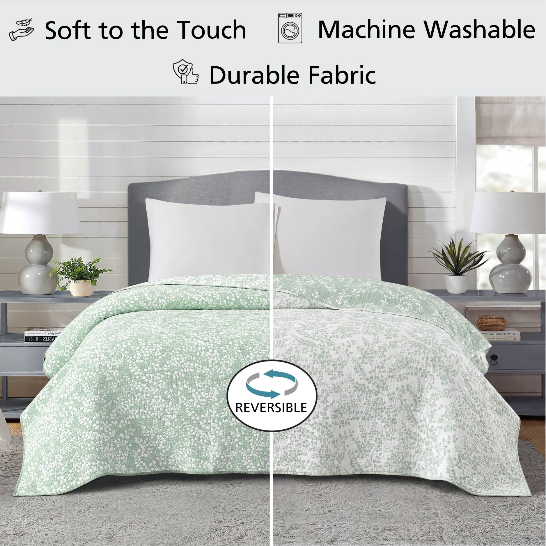 Mainstays Botanical Floral Stitched Quilt, King, Light Green, Reversible Lightweight Bedding
