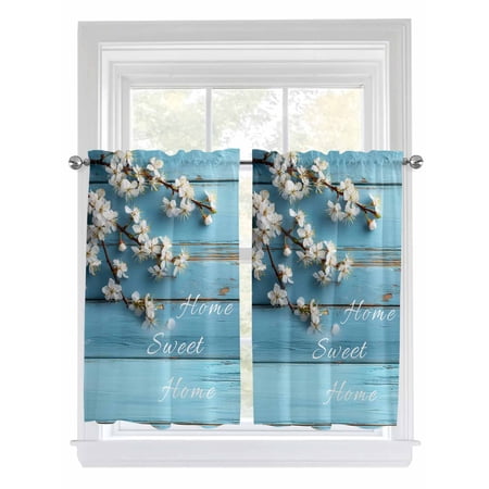 Farmhouse Wooden Grain Bathroom Window Curtain Vintage Shabby Chic Flower Blue Light Filtering Coffee Kitchen Curtains Bedroom Living Room Curtains 2 Panel 84 x45