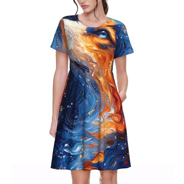Easygdp Galactic Dog Swirls Art para Vestido Transpirable de Mujer, Vestido Suelto de Manga Corta con Pliegues y Bolsillos para el Verano