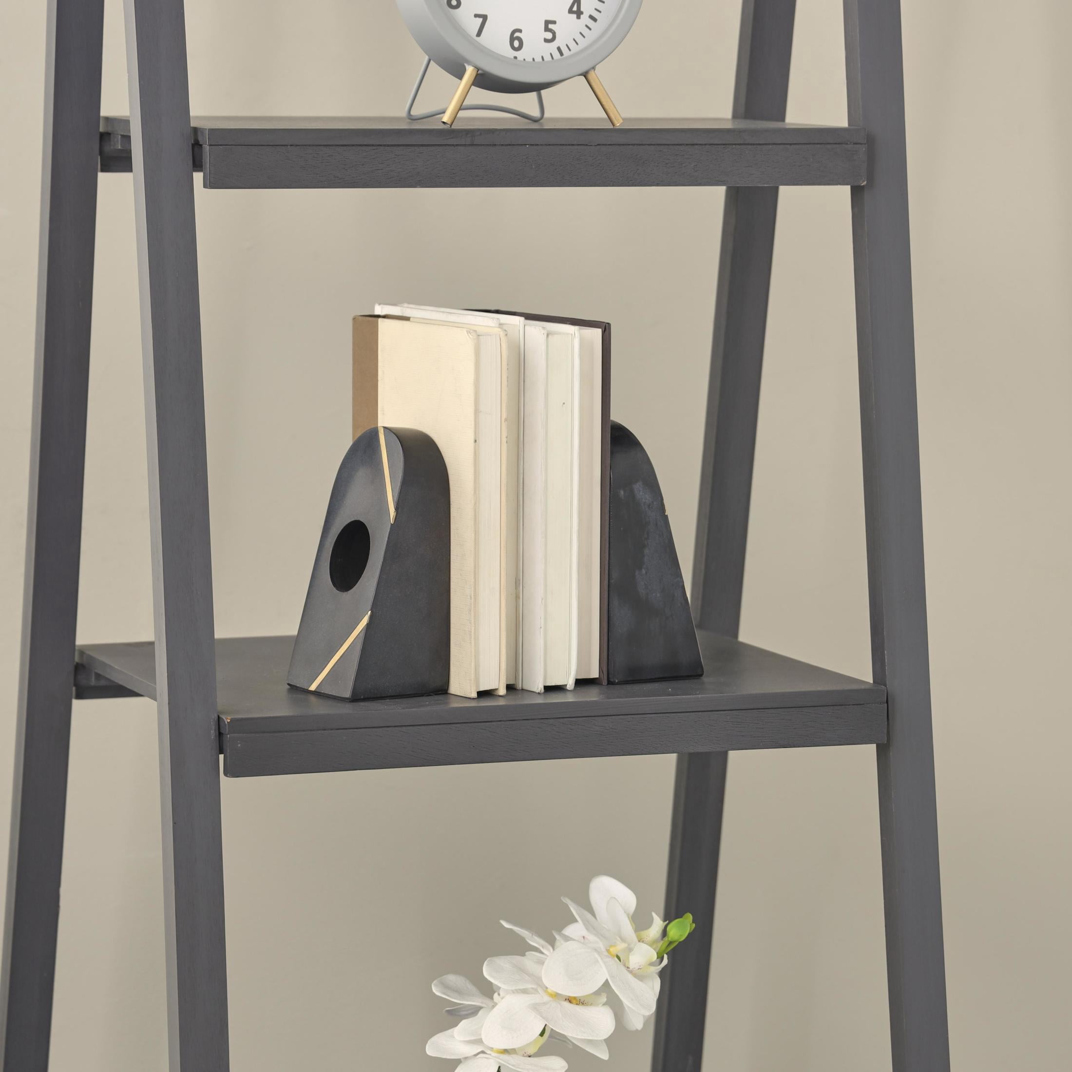 DecMode 3" Curved Pyramid Geometric Black Marble Bookends with Diagonal Gold Stripes (Set of 2)
