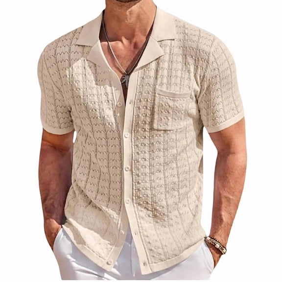 Men'S Knit Button Down Shirt Short Sleeve Vintage Shirts Summer Casual Beach Tops Khaki L