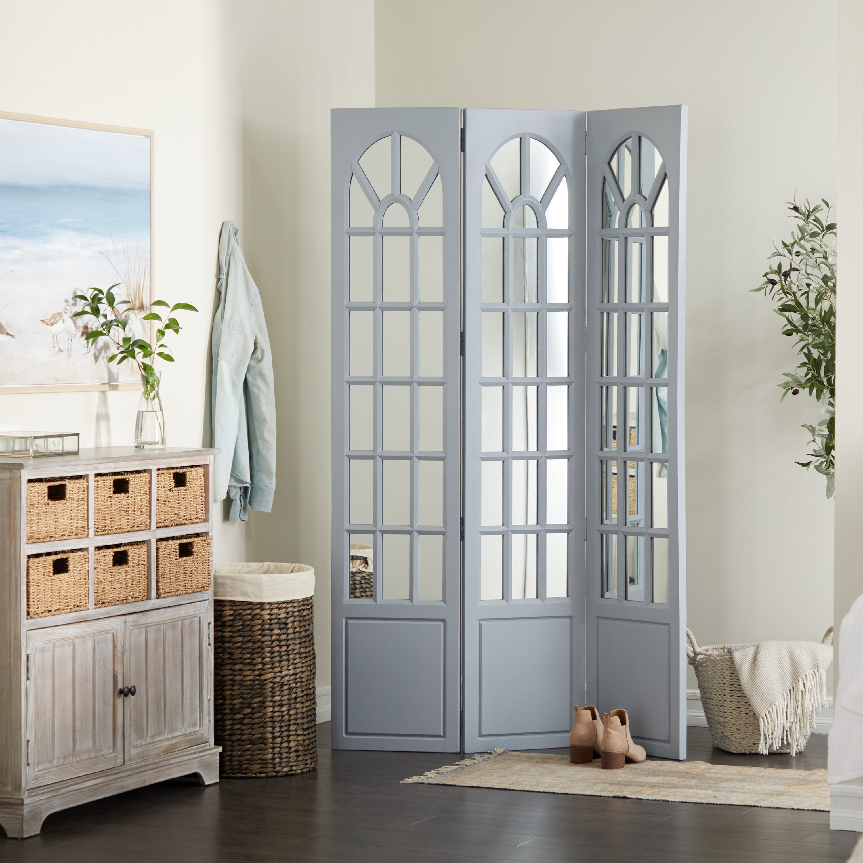 DecMode 44" x 72" Blue Wood Hinged Foldable Partition 3 Panel Room Divider Screen with Window Pane Style Mirror, 1-Piece