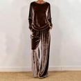 thumbnail image 2 of mihongmao Summer Outfits 2 Piece Sets for Women Dressy Women's Casual Loose-fitting Round Neck Pullover Long-sleeved Trousers Velvet Suit Coffee 2X, 2 of 8