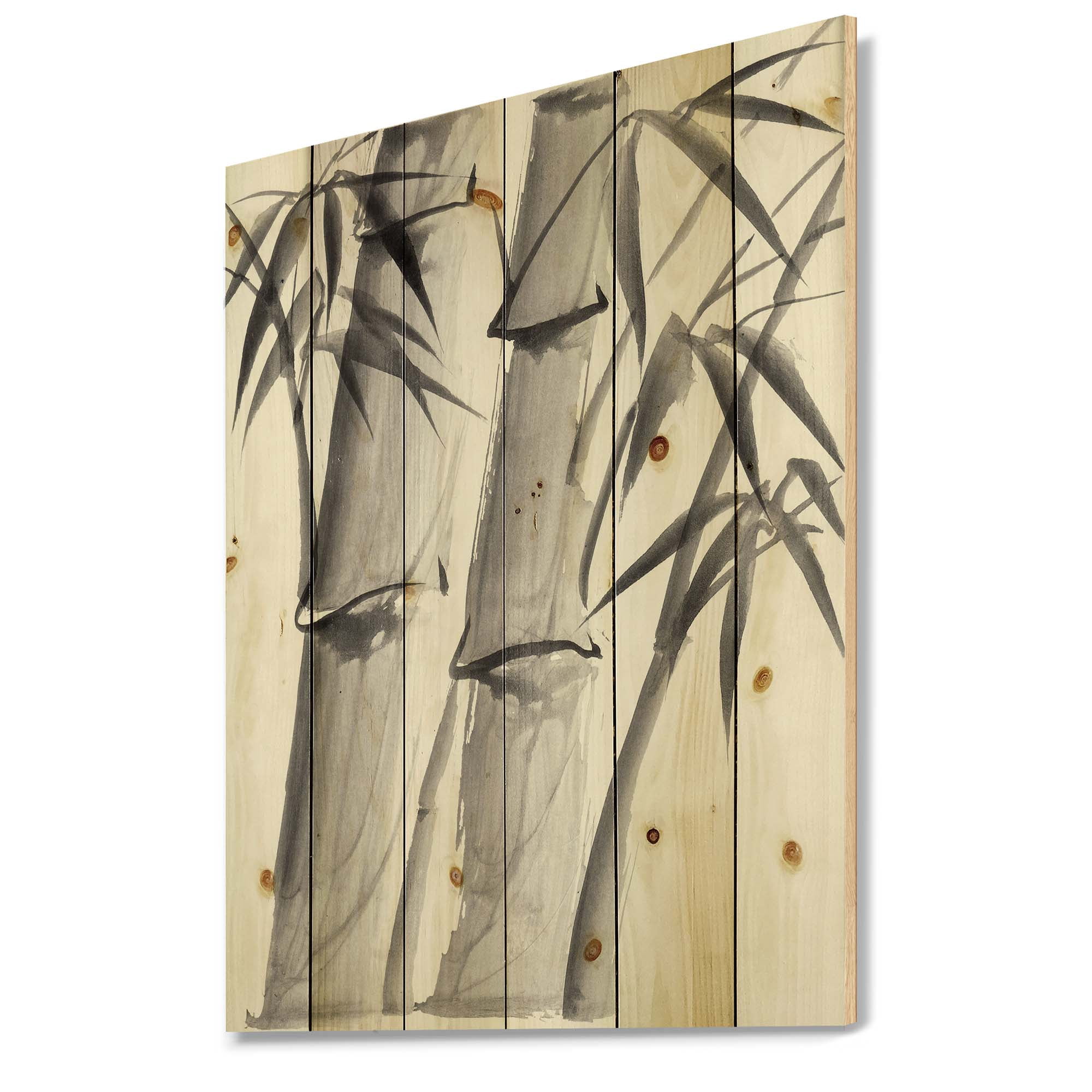 Designart 'Vintage Black and White Bamboo IV' Traditional Print on Natural Pine Wood