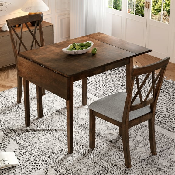 3 Piece Kitchen Dining Set, Dining Table with Drop Leaf and 2 Upholstered Chairs,Brown