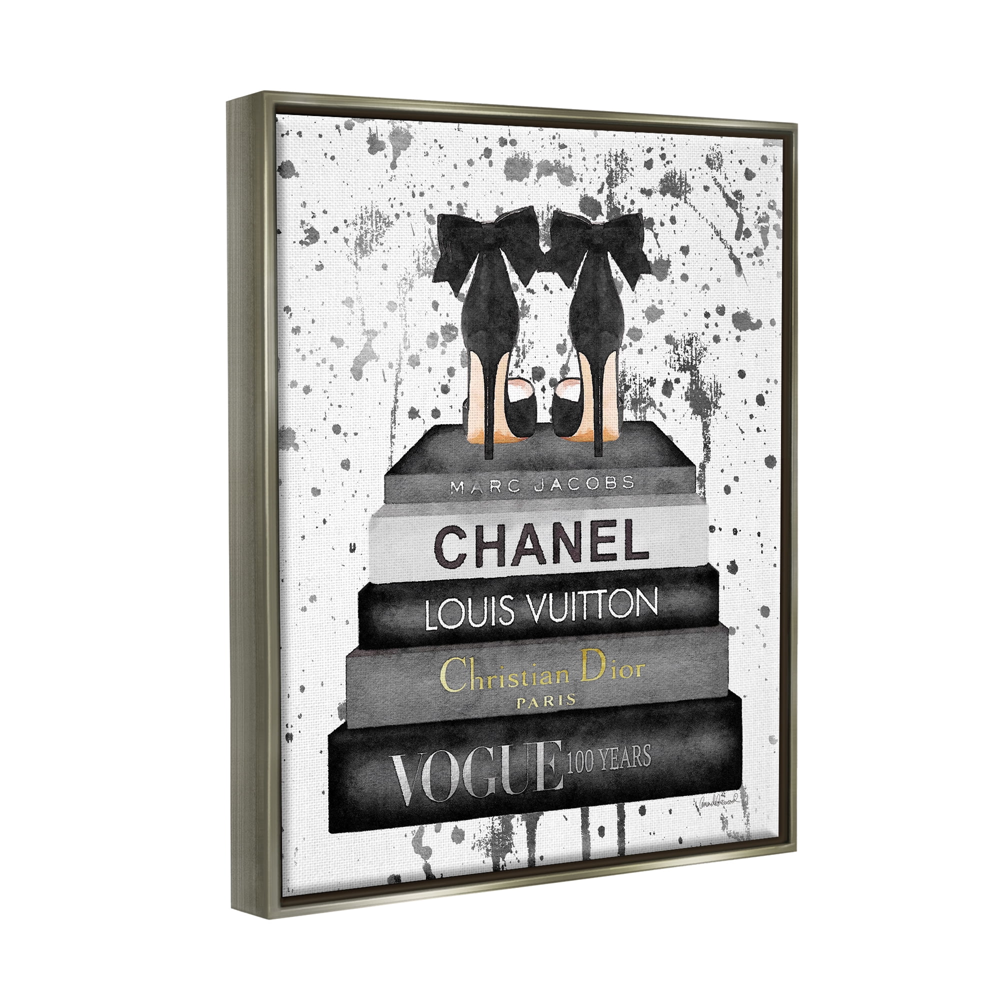 Stupell Industries Glam Fashion Book Stack Grey Bow Pump Heels Ink Luster Gray Framed Floating Canvas Wall Art, 16x20, by Amanda Greenwood