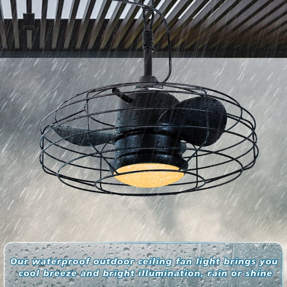 RJFKSNC 20" Plug-in Outdoor Caged Ceiling Fan with Light and Remote, IP44 Waterproof, All Matte Black, 3-Blade Hanging Fan for Gazebo, Patio, and Porch