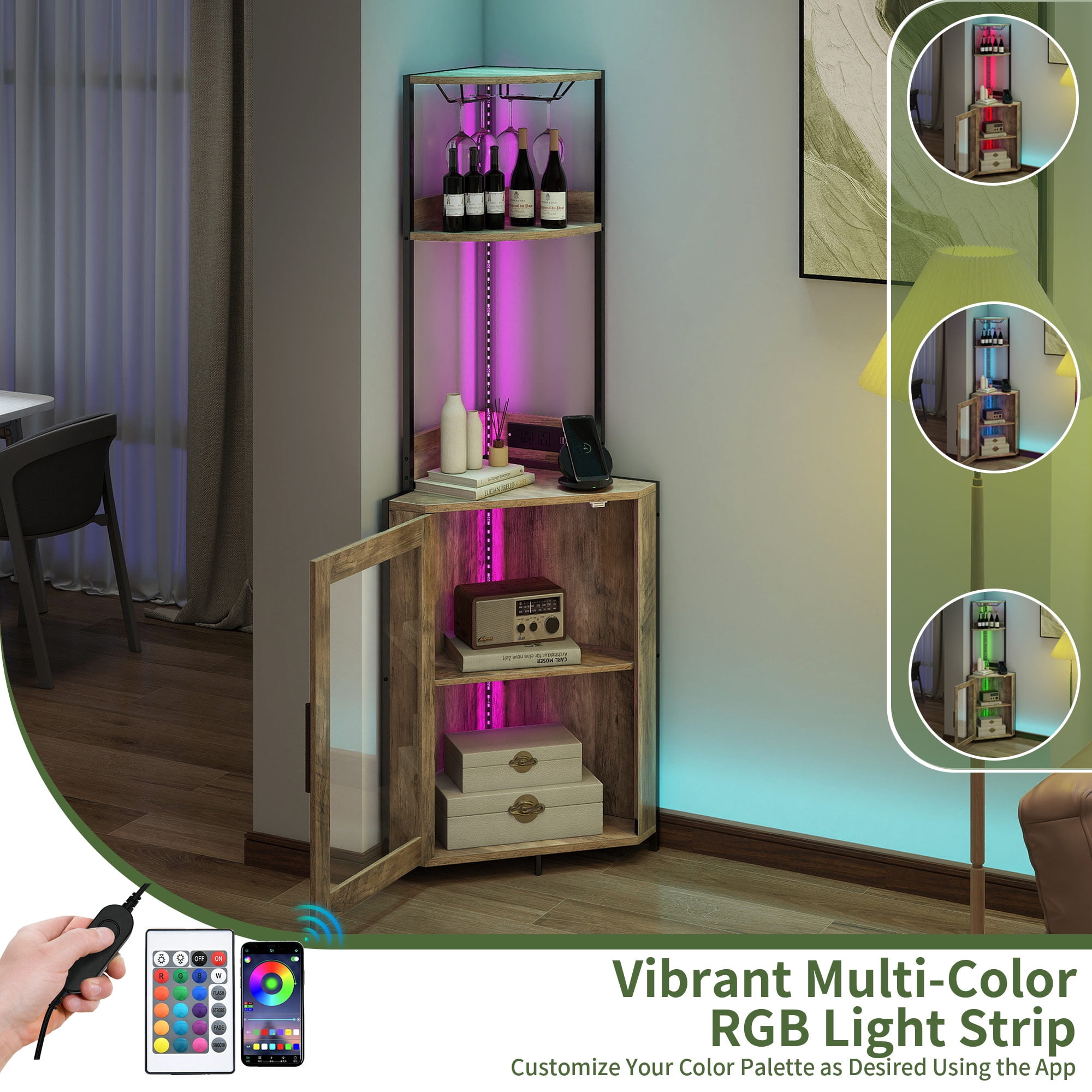 Uforic Corner Shelf with Door& LED Light, 5 Tier Corner Bar Cabinet with Power Outlets& Glass Holder
