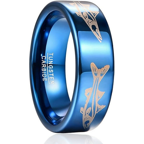 Men /Women 8mm Tungsten Carbide Ring Electroplated Blue Laser Fish-shaped Pattern Tungsten Steel Ring Suitable Comfort Fit Size 7-12