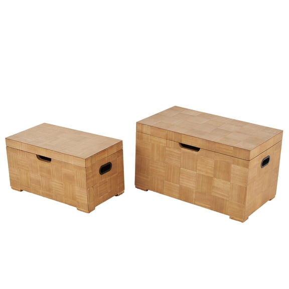 DecMode 28" x 16" Brown Wood Handmade Trunk with Black Metal Accents and Square Patterns, 2-Pieces