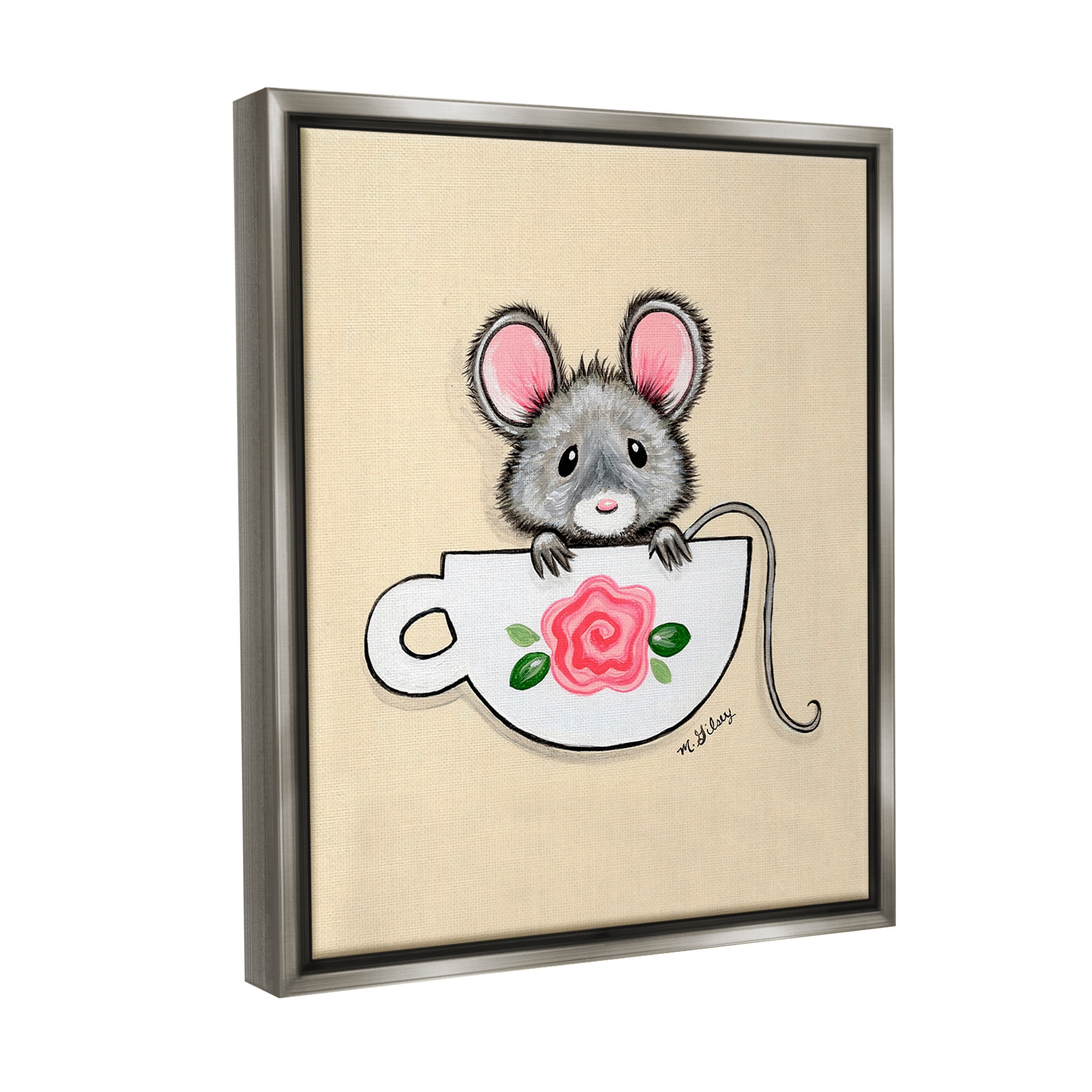 Stupell Industries Mouse in Teacup Animals & Insects Painting Gray Floater Framed Canvas Art Print Wall Art, 25 x 31