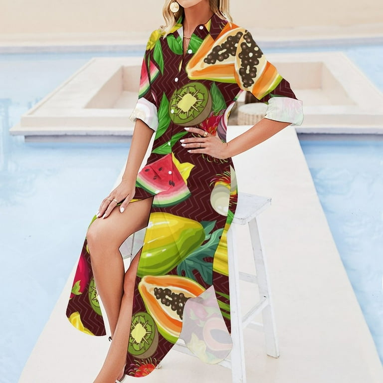 2024 Tropical Fruit Print Chiffon Dress Colorful Fruits