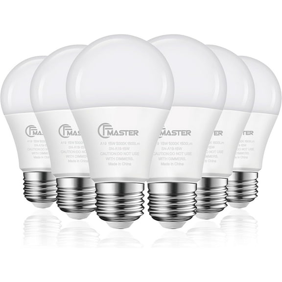 A19 LED Light Bulb, 100W Equivalent Light Bulbs, 15W 5000K Daylight, 1500 Lumens, Non-Dimmable LED Bulb, E26 Standard Base for Indoor and Outdoor, ETL Listed, 6-Pack