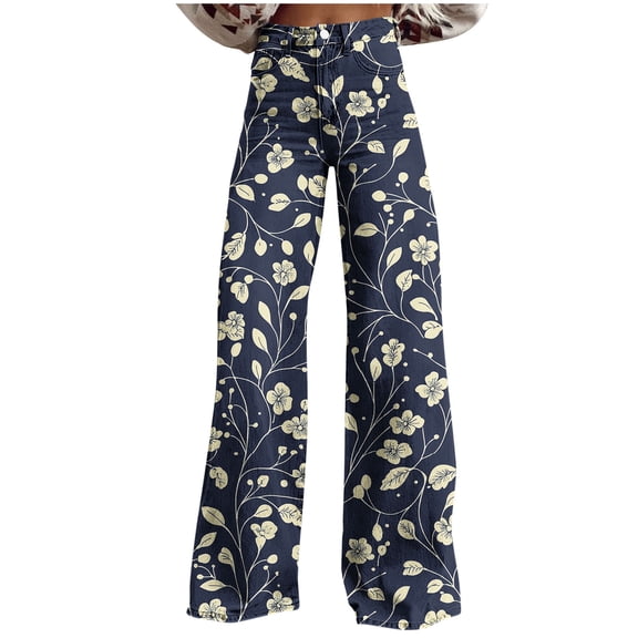 Women's Imitation Denim Wide Leg Pants Plus Size Floral Print Button Closure Pocket Zipper Casual Pants for Daily Wear (XL, Blue)