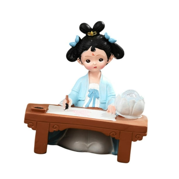 Estatua de resina de niña con luz, juguete de muñeca, decoración étnica popular de oficina Azul