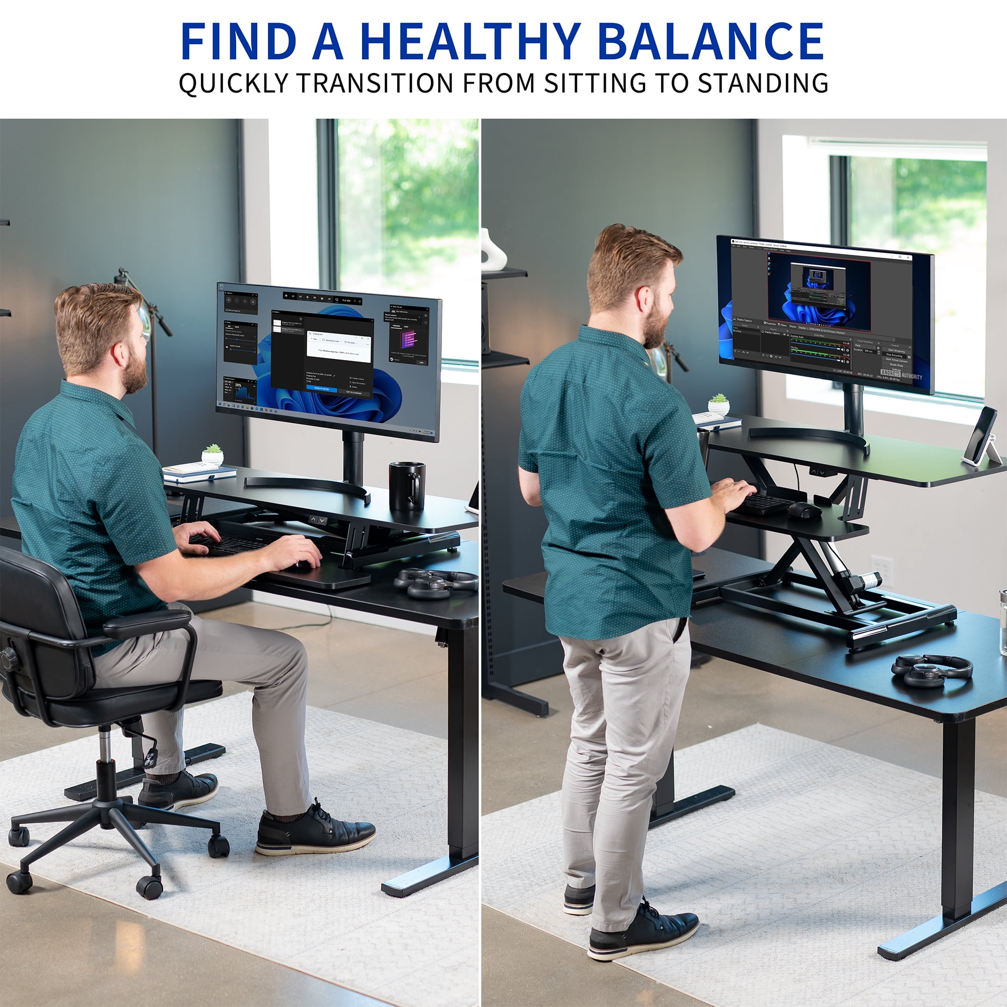 VIVO Black Electric 47" Standing Desk Monitor Riser, Dual Arm Sit Stand Tabletop