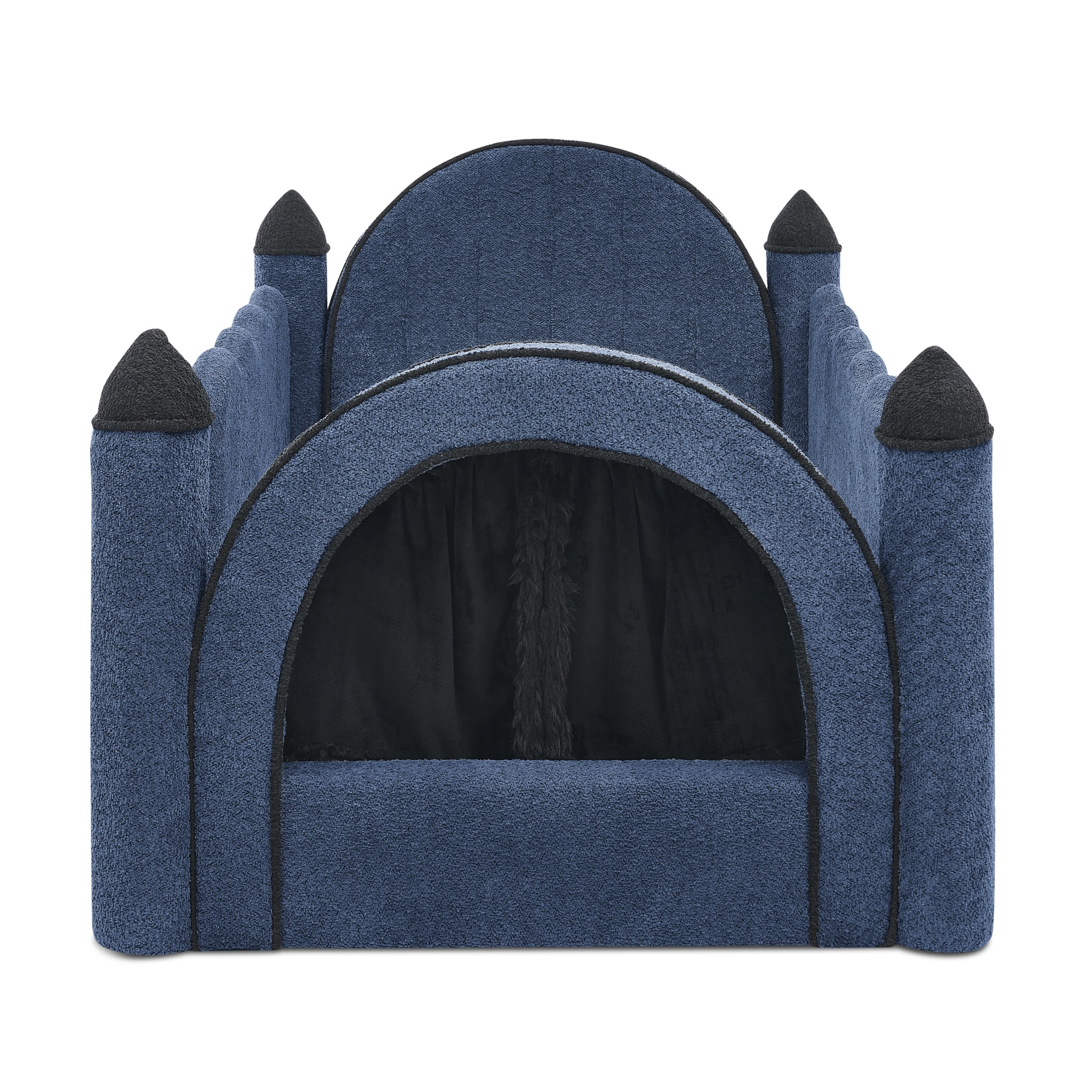 Twin Size Castle-Shaped Kids Floor Bed with Safety Guardrail, Low Profile Upholstered Platform Bed Frame with Small Curtain