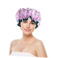 thumbnail image 2 of Gorros de ducha impermeables de doble capa, paquete de 2, de satén, reutilizables, para proteger el cabello largo de las mujeres., 2 of 5
