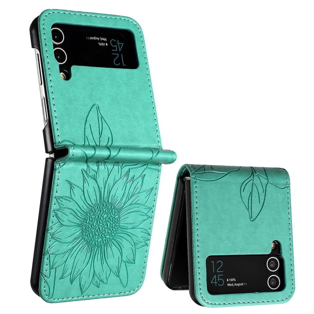Funda tipo cartera con girasoles grabados para Samsung Z Flip 3: elegante, multifuncional y con protección total.