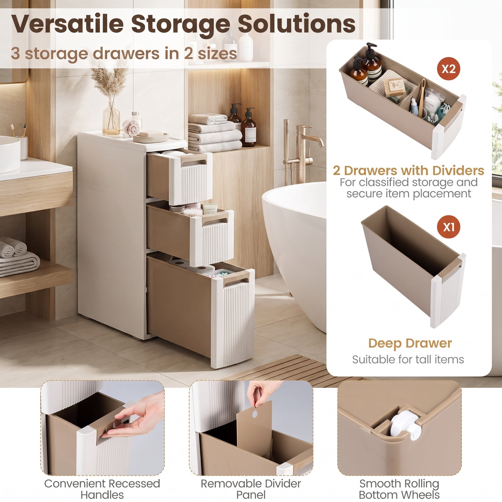 Vebreda Freestanding Bathroom Storage Cabinet, Narrow Storage Cabinet with Drawers and Removable Dividers, Multi-Layered Storage
