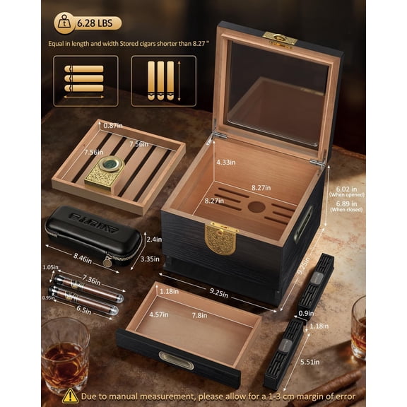 Cigar Humidor with Glass Top, Cedar Wood Storage Box for 40-50 Cigars, Includes Leather Case, Digital Hygrometer, and Accessory Drawer