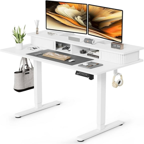 Height Adjustable Electric Standing Desk with Storage Shelves, 48 Inch Table with Built-in Monitor Stand, Sit Stand Desk with 2 Hooks for Home Office, Grey Desktop & Black Frame