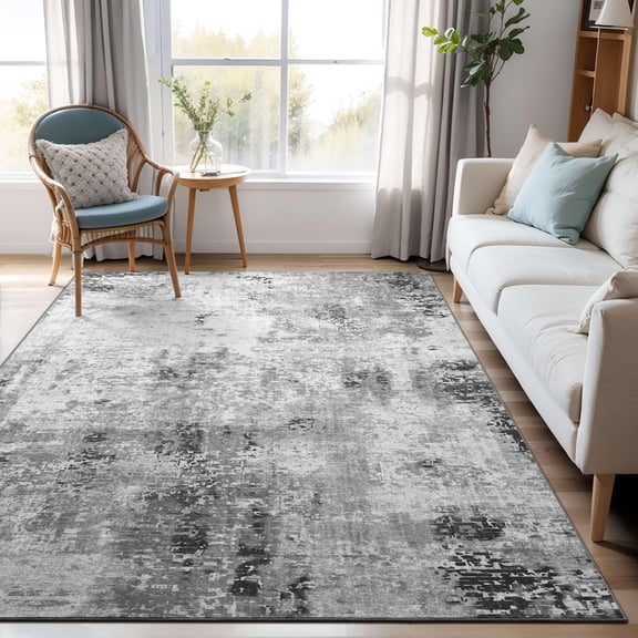 Boho Area Rug 4x6 Washable Abstract Carpet, Non Slip Low Pile Small Rug for Bedroom Entryway Kitchen Office Dorm Dining Room, Soft Gray Grey