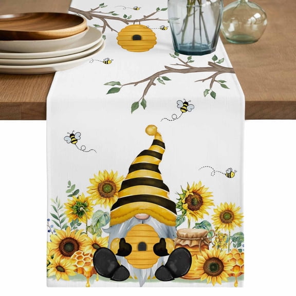 Table Runner 72 Inches Long for Kitchen Dining, Gnomes Sunflower Dresser Scarf Farmhouse, Dining Table Decorations for Wedding/Parties, Bees Branches Floral Farmhouse 16 x 72 In