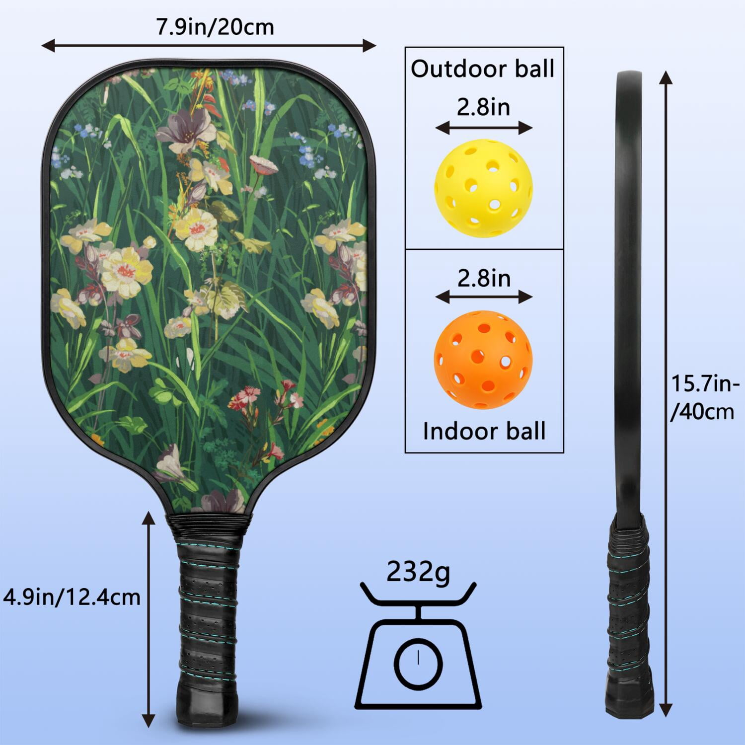 Pickleball Paddles Set Of 1, Fiberglass Surface, Vintage Floral Print, 1 Paddle, 2 Balls & Bag