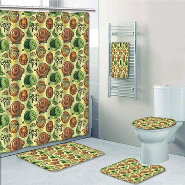 PRTAU Tea Party Tea with Lemon Slices Herbal Leaves Healthy Aromatic Beverage 5 Piece Bathroom Set Shower Curtain Bath Towel Bath Rug Contour Mat and Toilet Lid Cover