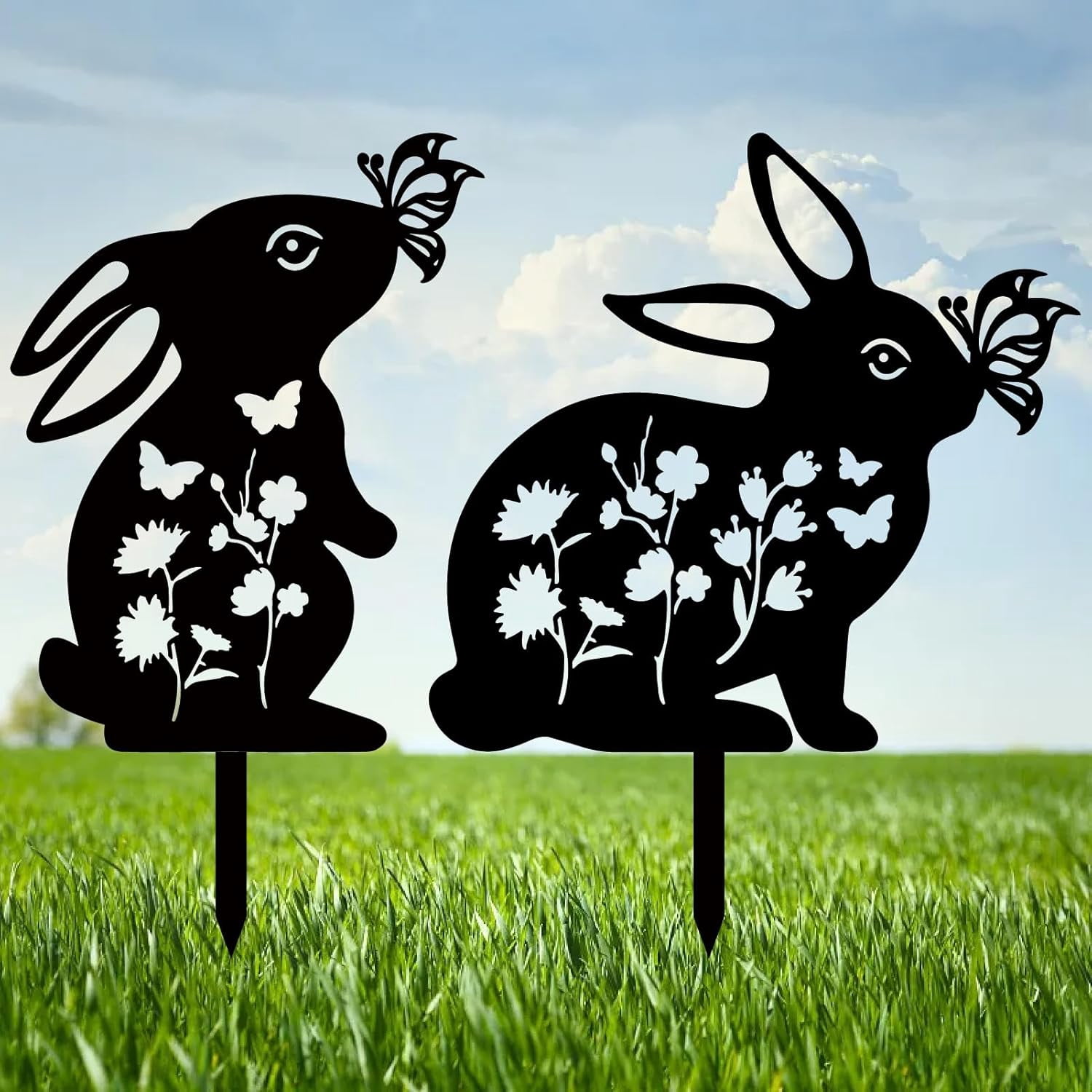 2Pcs Rabbit Metal Decor for Outside Black Rabbit Stake Rabbit Garden Decor Art Bunny Silhouette Statues Garden Decorative Ground Insert Lawn Ornaments for Outside Outdoor 9/12.4x11.8Inch