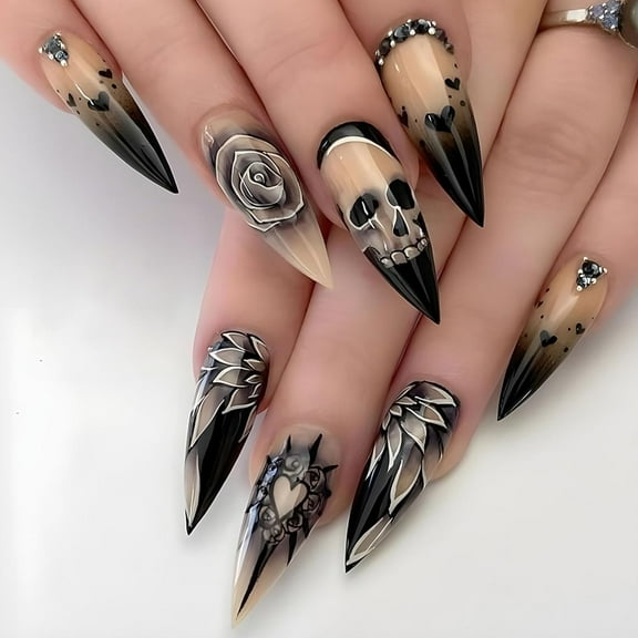Halloween Press on Nails Medium Almond Fake Nails Full Cover Nightmare Nails Christmas Nails Spider Web False Nails Matte Glue on Nails Artificial Acrylic Nails for Women Girls 24 Pcs Halloween