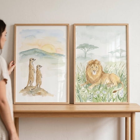 Earth Tone Savanna Animals Wall Art Print Set Of 2 With Lion Meerkat Decor